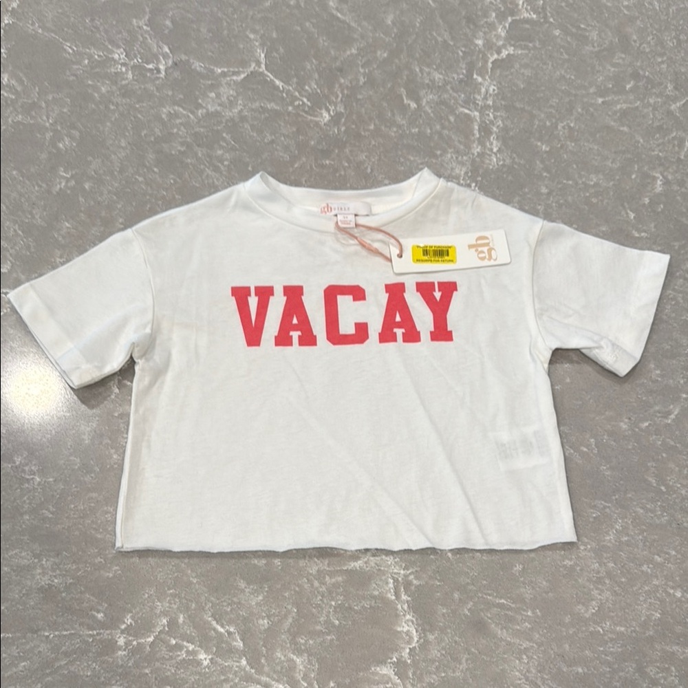 GB Girls White Cropped Tee with Bold Pink VACAY Design